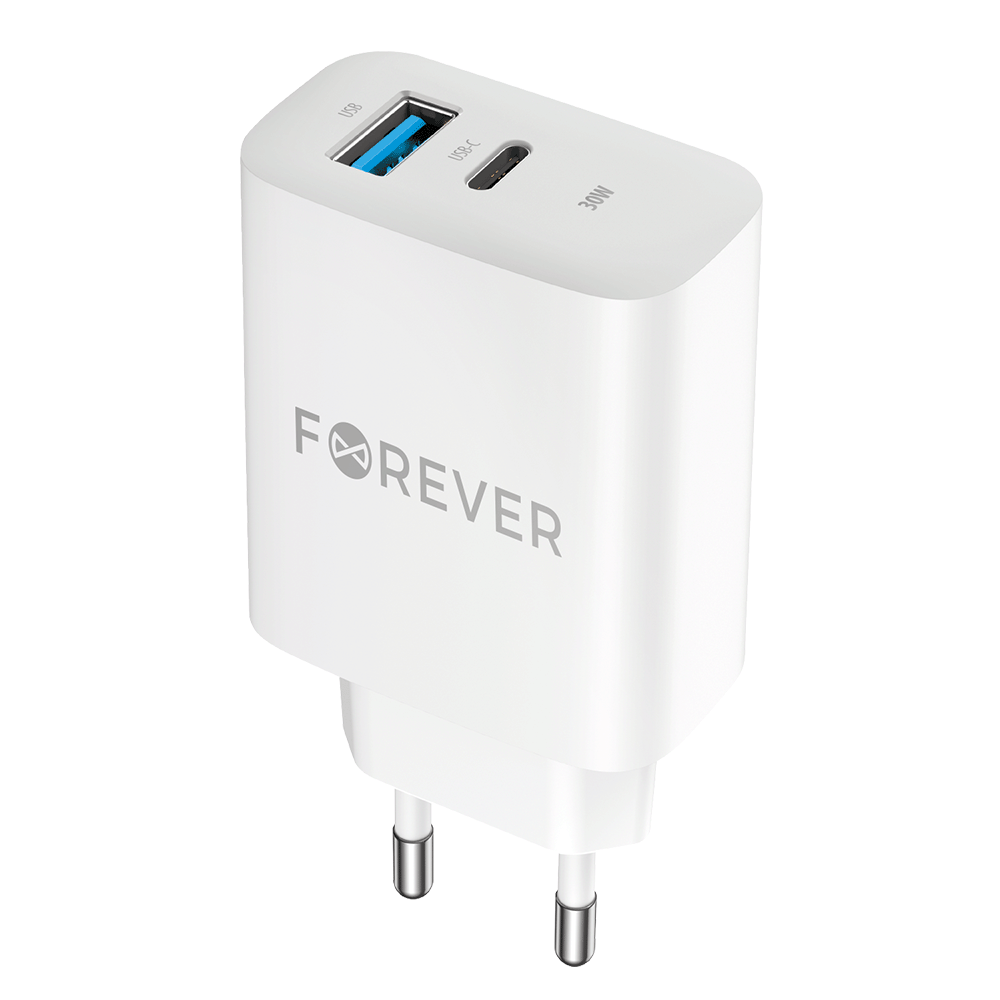 Forever TC-07-30AC USB-C + USB hálózati töltő – 30W, fehér