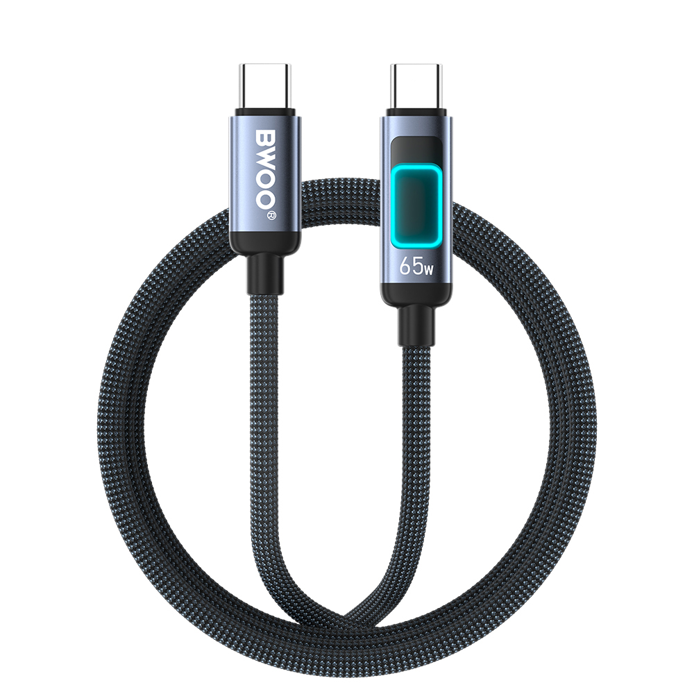 BWOO X324CC USB-C – USB-C fonott gyorstöltő kábel LED fénnyel – 60W PD, fekete