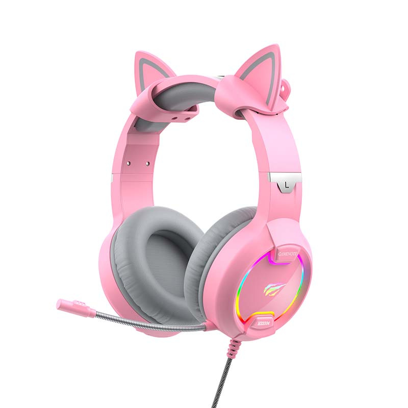 Havit GAMENOTE H2233D RGB Macskafüles Gamer Fejhallgató – 50 mm Hangszóró, Mikrofon, USB + 3,5 mm, Rózsaszín
