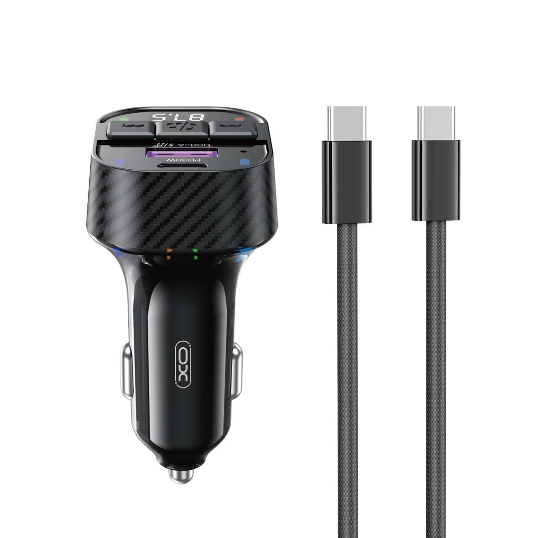 XO BCC17 Bluetooth FM transmitter autós töltő – MP3 lejátszás, 30W gyorstöltés, USB-C kábellel, fekete