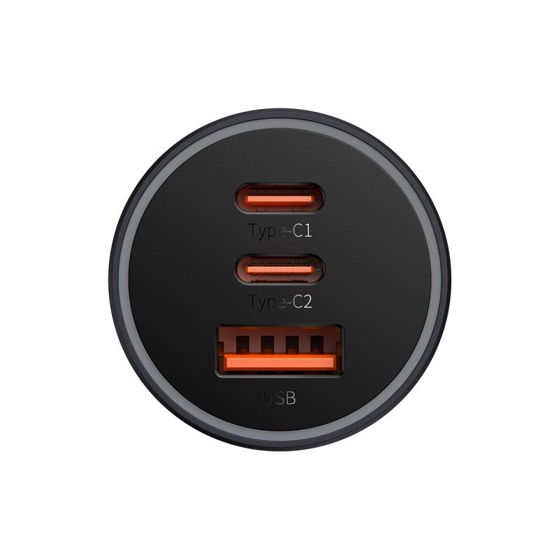 Baseus Golden Contactor Pro Triple Fast autós töltő – 65W, 1×USB + 2×USB-C gyorstöltés, sötétszürke – 3. kép