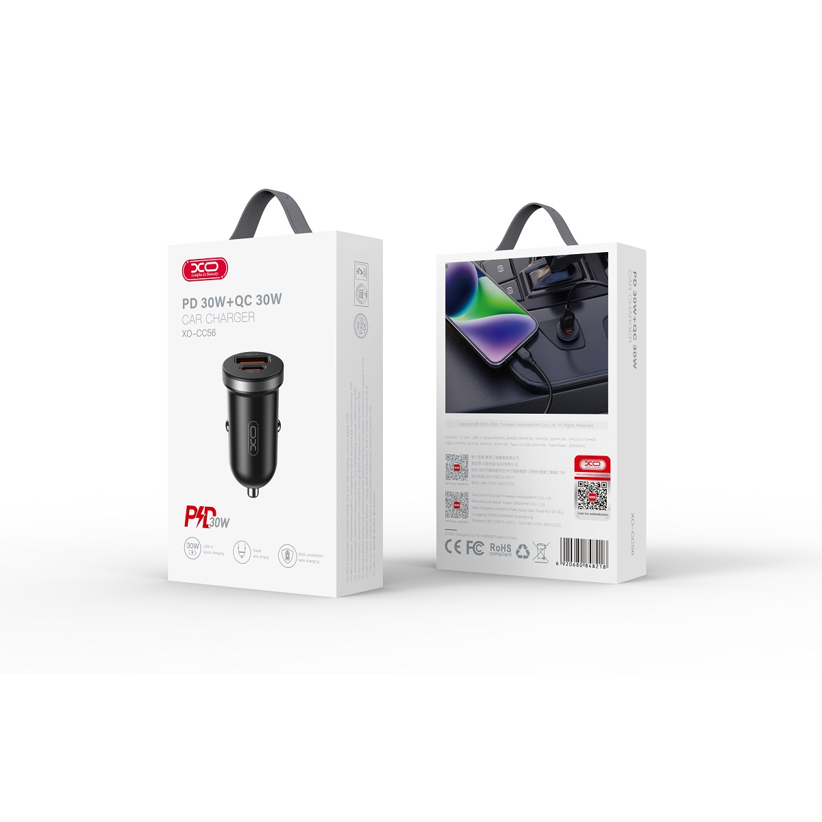 XO CC56 PD autós gyorstöltő – 30W, USB-A QC + USB-C PD – 2. kép