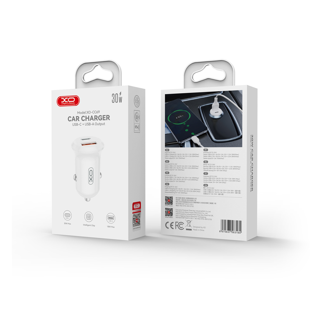 XO CC69 PD autós gyorstöltő – 30W, USB-A QC + USB-C PD, fehér – 2. kép