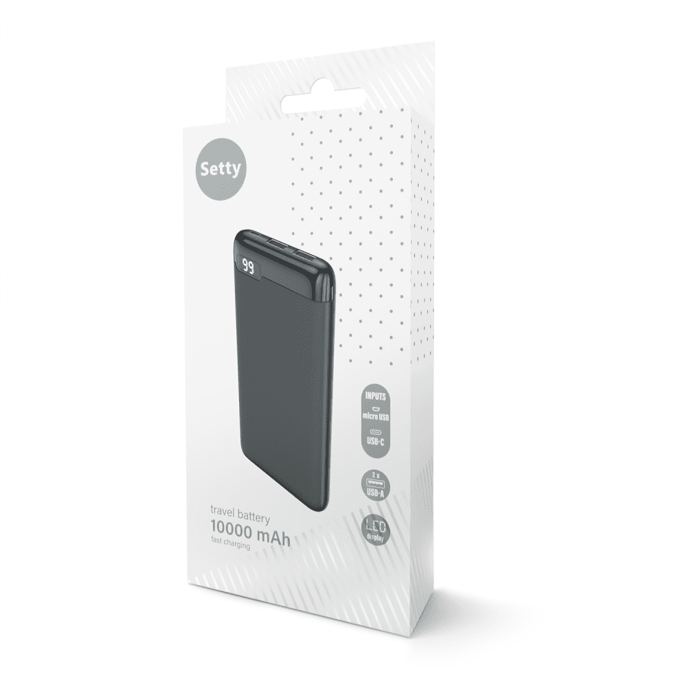 Setty SPBL-10 10000mAh Powerbank, LCD  – Gyors Töltés és LCD Kijelző, Fekete – 6. kép