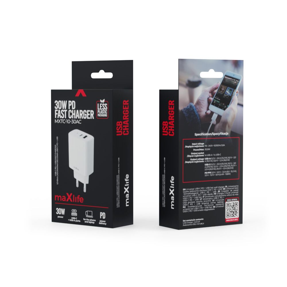 Maxlife MXTC-10-30AC USB-C + USB hálózati töltő – 30W, fehér – 4. kép