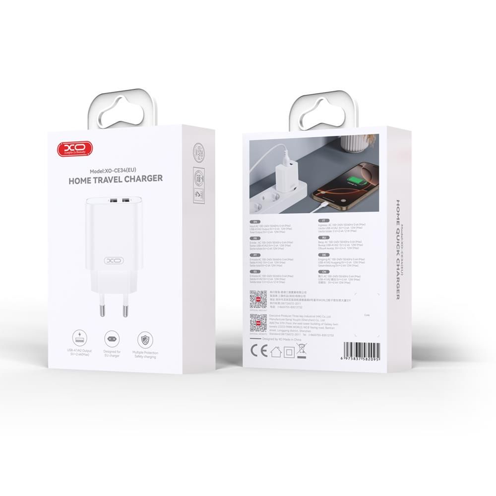 XO CE34 hálózati gyorstöltő, 2xUSB, 2,4A, fehér – 2. kép
