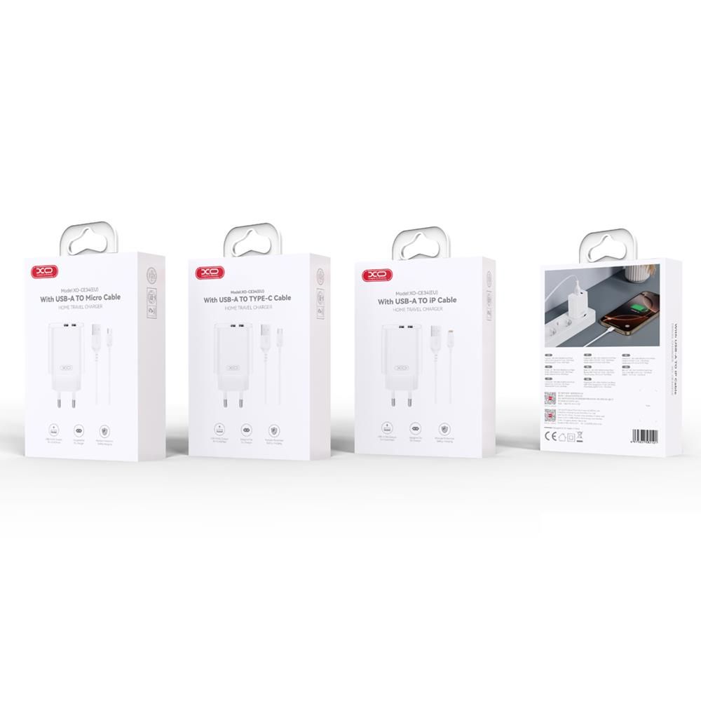 XO CE34 hálózati gyorstöltő, 2xUSB, 2,4A, fehér – 3. kép
