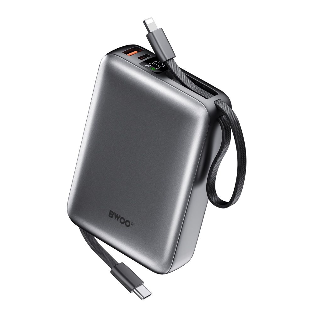BWOO P73 20000mAh powerbank – 22,5W gyorstöltés + beépített kábelek (USB-C & Lightning) – fekete
