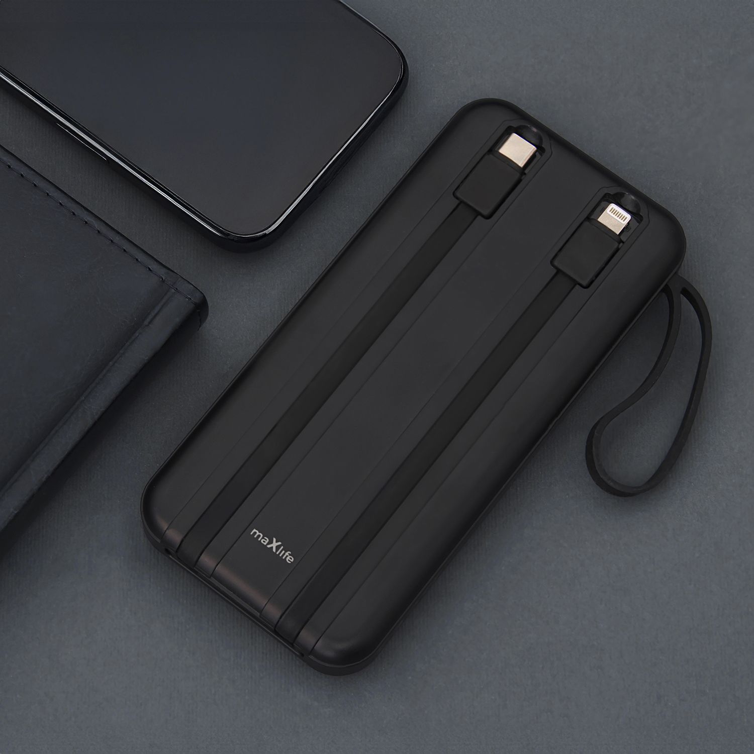 Maxlife MXPB-06 Beépített Kábeles Power Bank – 10000 mAh PD QC 22,5W Gyors töltő, Fekete – 7. kép