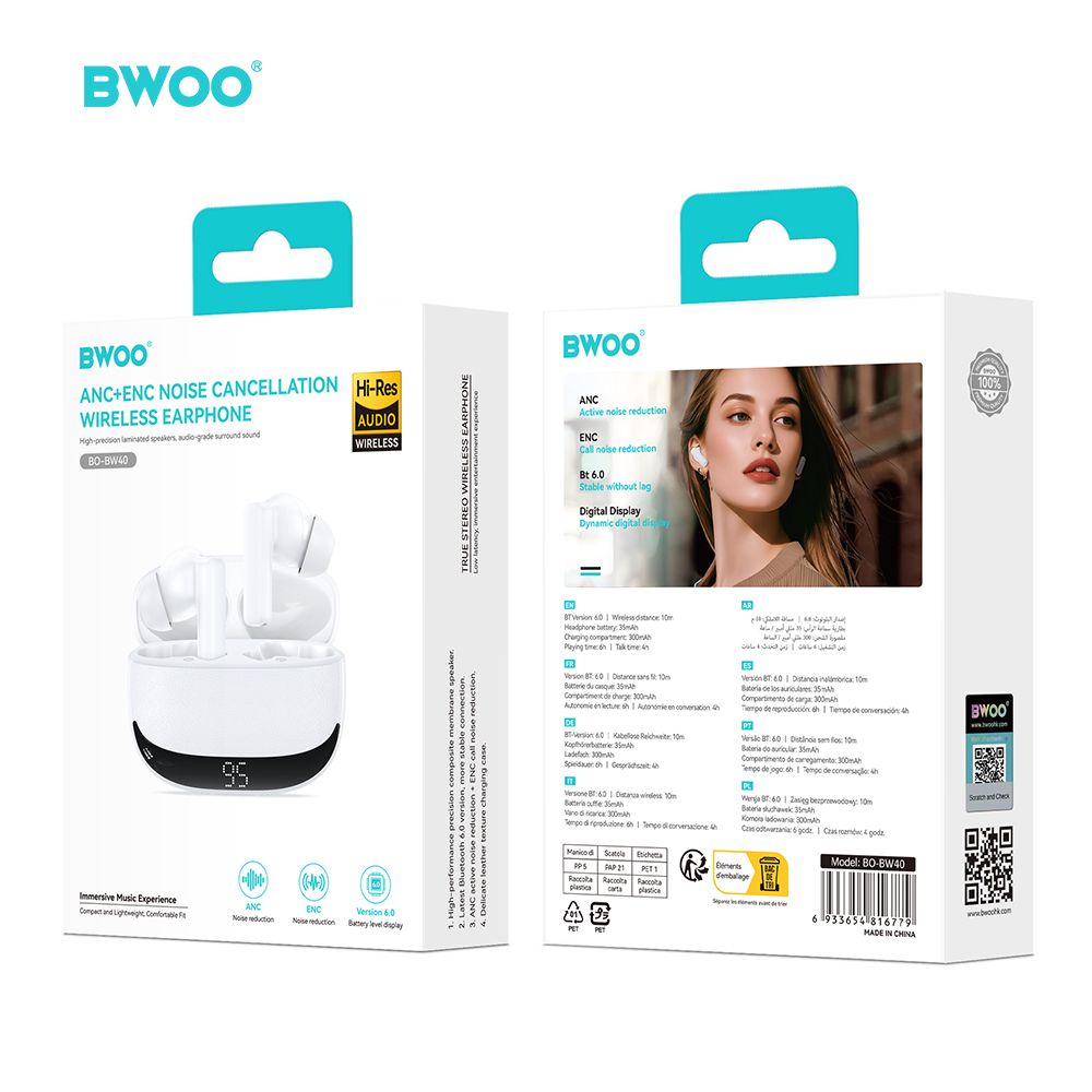 BWOO BW40 TWS Bluetooth fülhallgató aktív zajszűréssel (ANC) – LCD kijelzős töltőtokkal, fehér – 5. kép