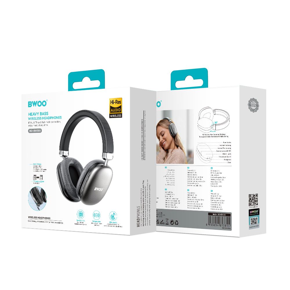 BWOO BW-585 Vezeték nélküli Bluetooth Fejhallgató – Szürke – 4. kép