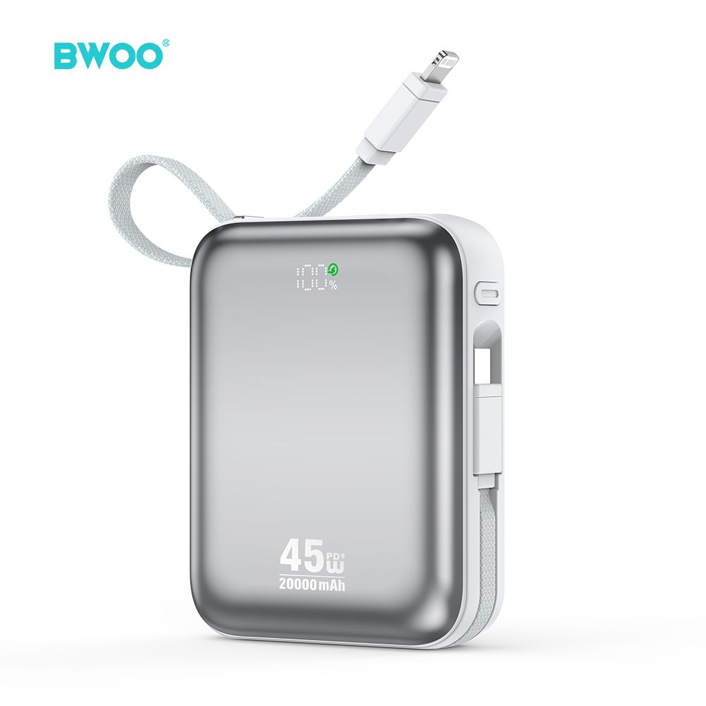 BWOO P78 20000mAh Powerbank - 45W, PD Gyorstöltés, Beépített USB-C és Lightning kábel, Digitális kijelző – Ezüst
