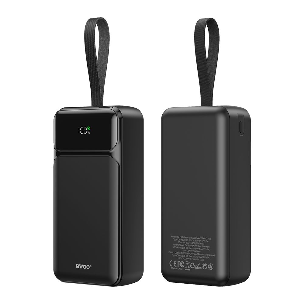 BWOO P66 30000mAh Powerbank, 65W PD Gyorstöltés, 2x USB-A + USB-C, LCD kijelző – Laptop kompatibilis külső akkumulátor – 3. kép
