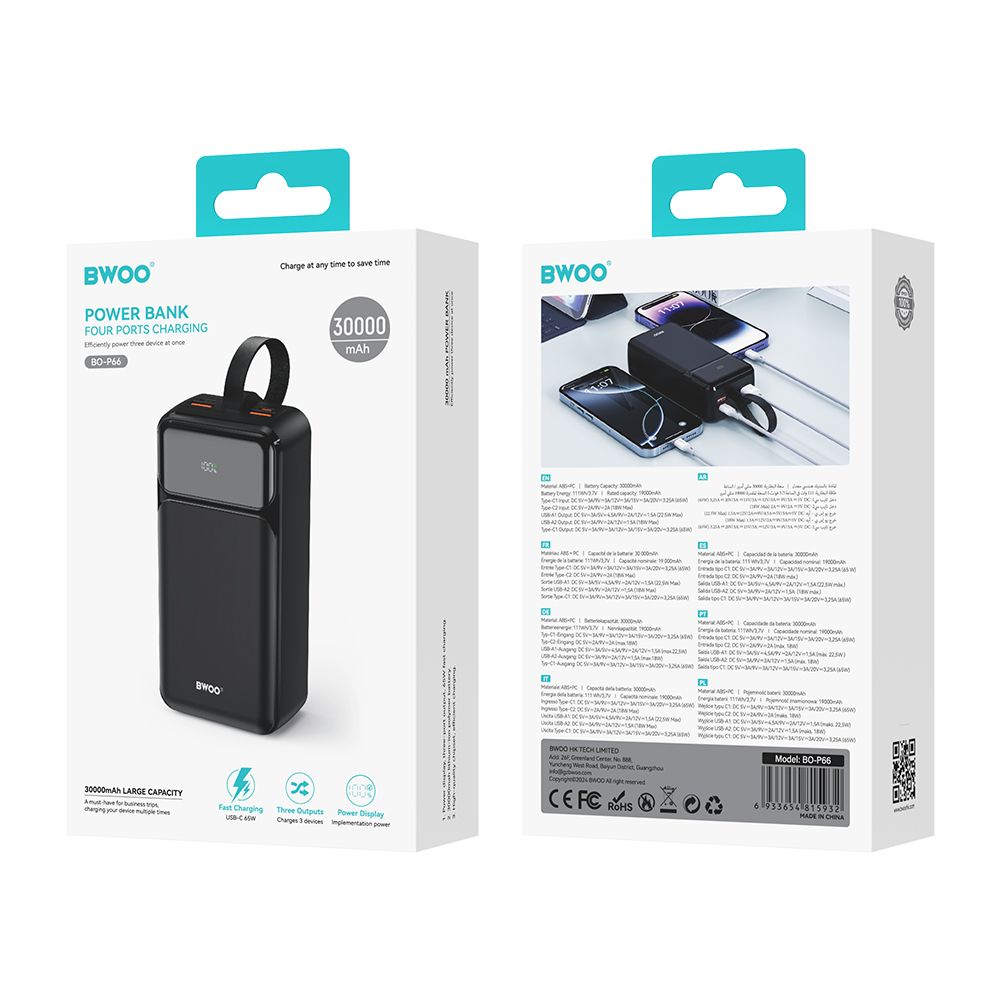 BWOO P66 30000mAh Powerbank, 65W PD Gyorstöltés, 2x USB-A + USB-C, LCD kijelző – Laptop kompatibilis külső akkumulátor – 4. kép