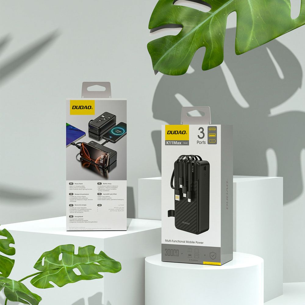 Dudao K11 Max 30000mAh Powerbank - 10W, Beépített kábelek (USB-C / Lightning / micro USB / USB-A), Telefontartó – 4. kép