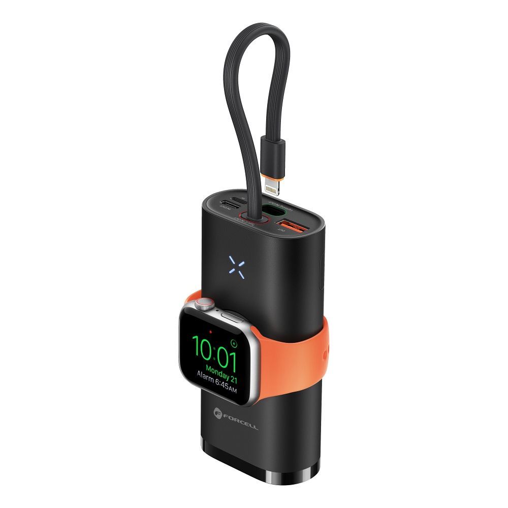 Forcell F-Energy F10K4 10000mAh Powerbank, 22.5W PD/QC, Apple Watch töltés, beépített kábelek, kitámasztó