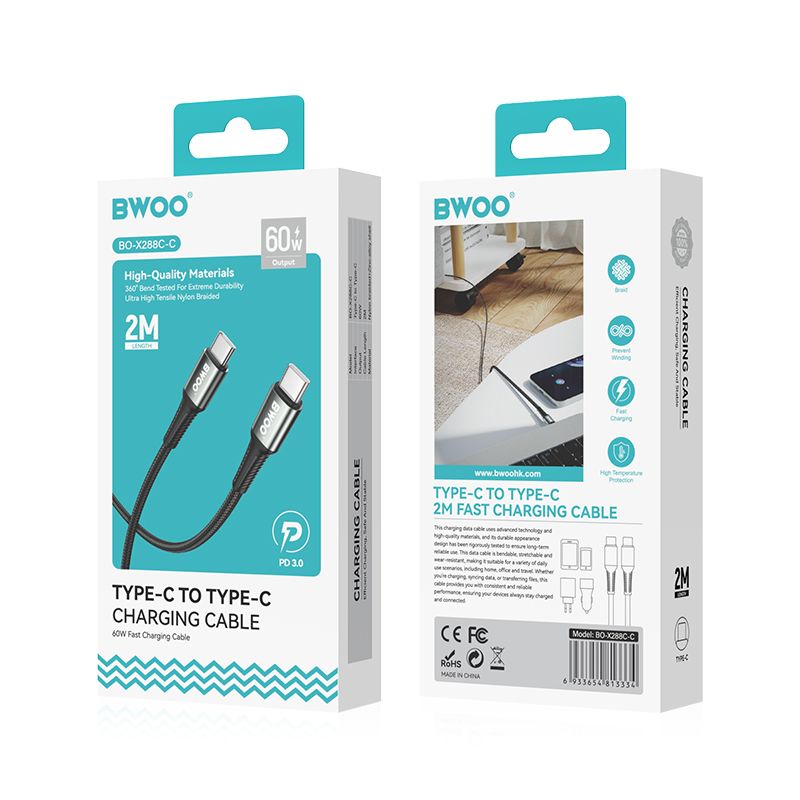 BWOO X288C-C gyorstöltő adatkábel USB-C - USB-C, 2m, 60W, fekete – 4. kép