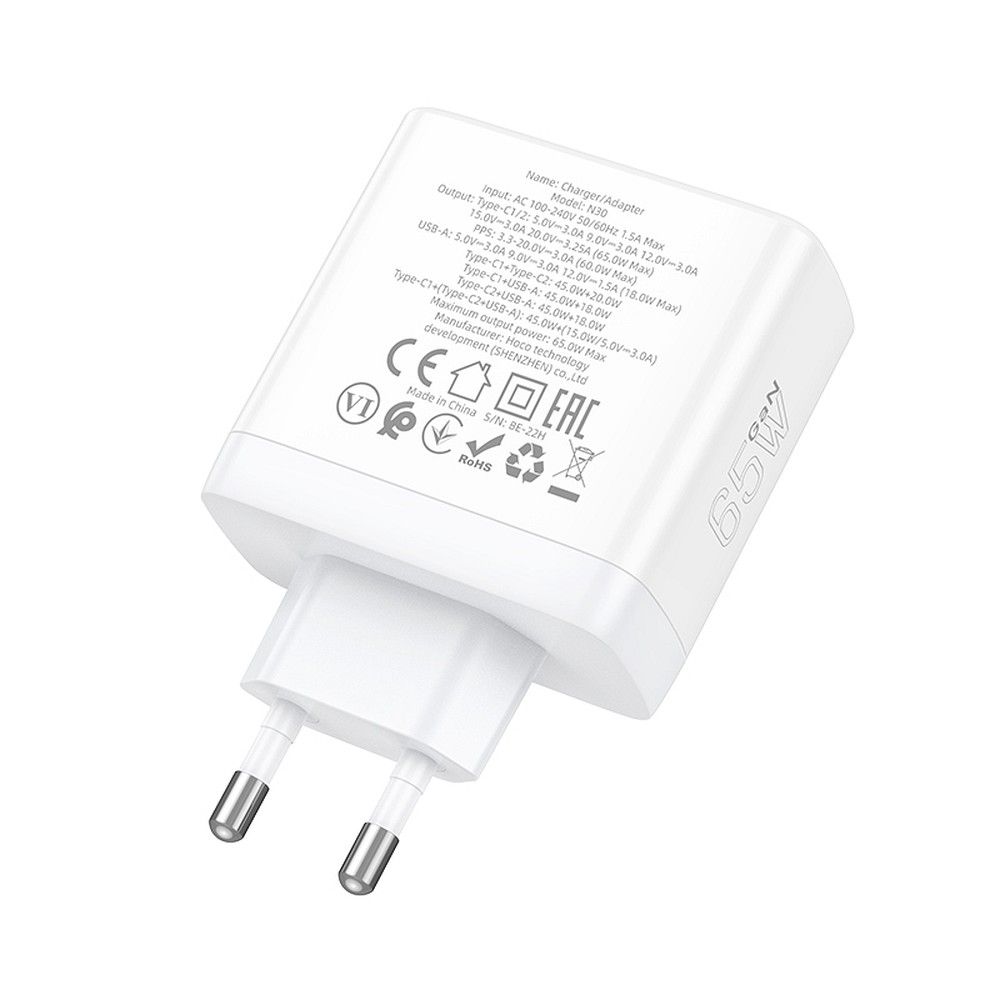 Hoco N30 GaN 65W gyorstöltő – 2× USB-C + USB-A, Power Delivery, Quick Charge, laptop töltéshez – 6. kép
