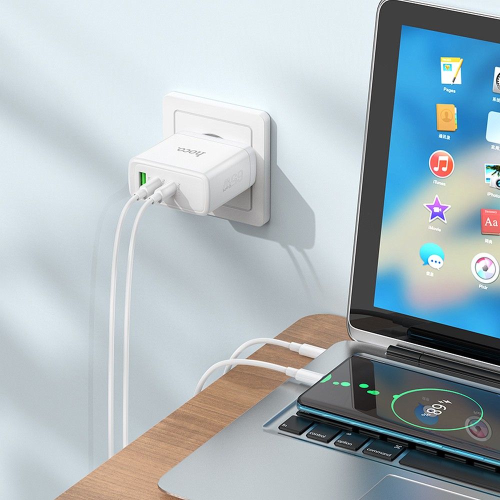 Hoco N30 GaN 65W gyorstöltő – 2× USB-C + USB-A, Power Delivery, Quick Charge, laptop töltéshez – 8. kép
