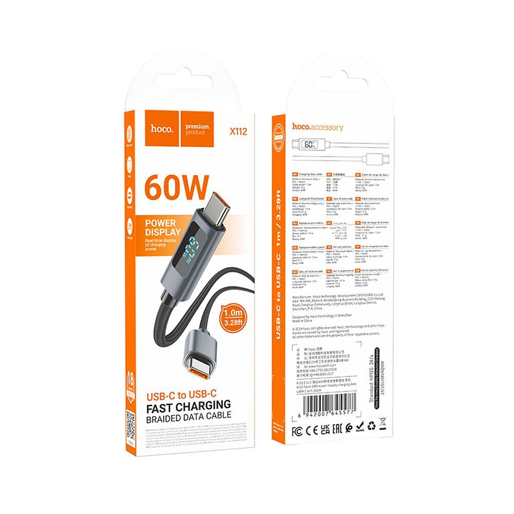 Hoco X112 USB-C – USB-C gyorstöltő és adatkábel digitális teljesítménykijelzővel 60W, 1 méter – 9. kép