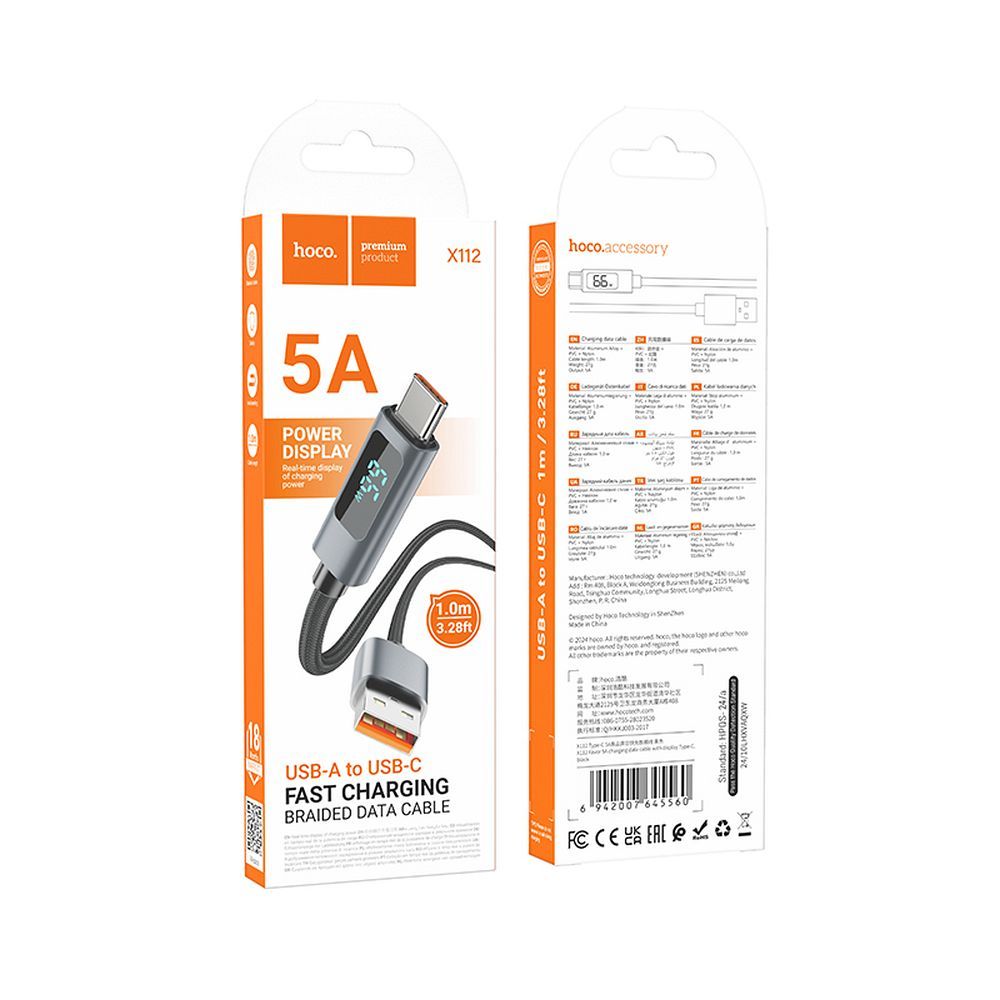 Hoco X112 USB-A – USB-C gyorstöltő és adatkábel digitális kijelzővel 5A, 1 méter – 9. kép