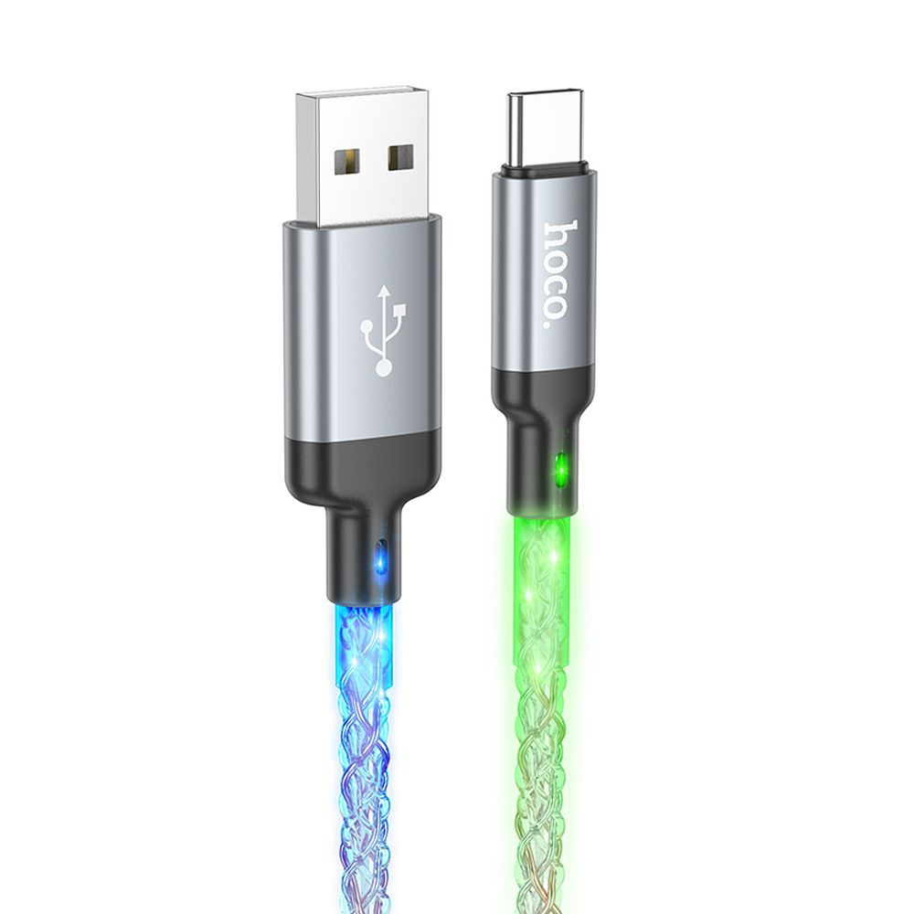 Hoco U112 USB – USB-C Töltőkábel - 60W, 1m, LED világítás, 3A gyorstöltés, fonott kivitel
