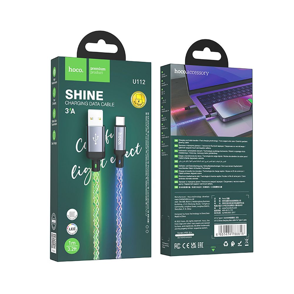 Hoco U112 Shine USB-A – USB-C LED világításos gyorstöltő és adatkábel 3A, 1 méter – 9. kép