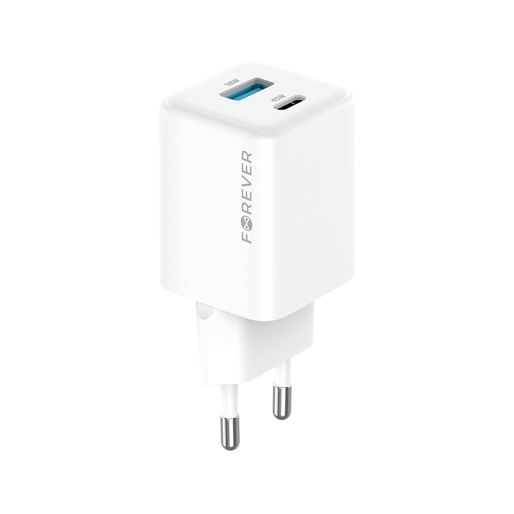 Forever TC-08-45AC 45W GaN Hálózati Töltő, USB-C + USB-A, PD/QC gyorstöltés