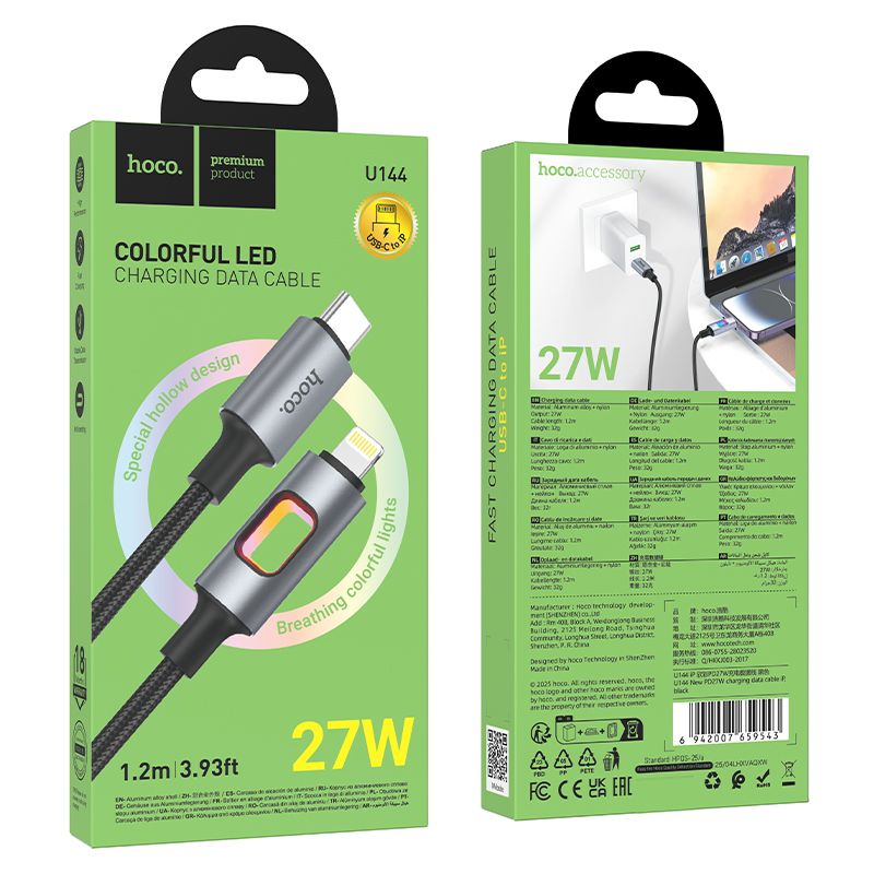 Hoco U144 USB-C – Lightning LED világításos gyorstöltő kábel – PD gyorstöltés Apple készülékekhez – 6. kép