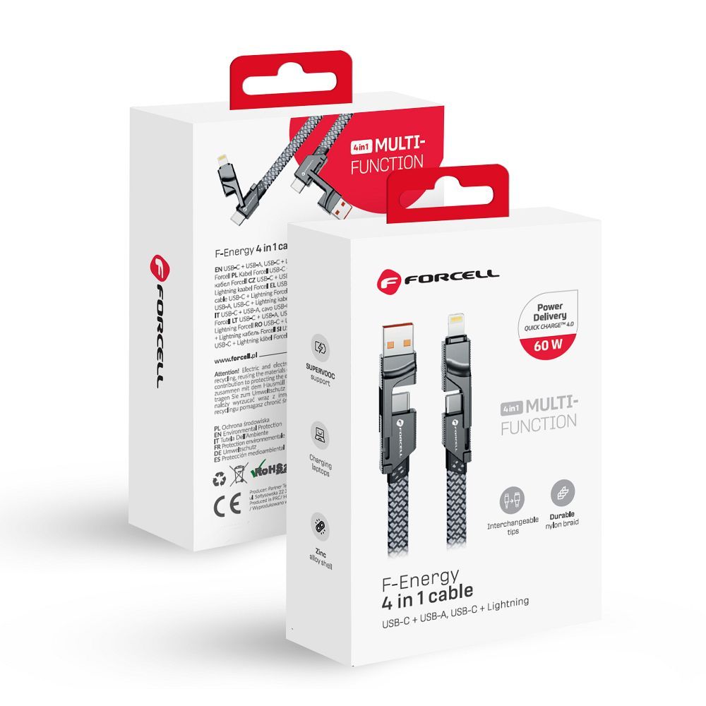 Forcell F-Energy C241 4 az 1-ben gyorstöltő és adatkábel – USB-A és USB-C bemenet, USB-C és Lightning csatlakozó, QC/PD 60W, 1 méter – 3. kép