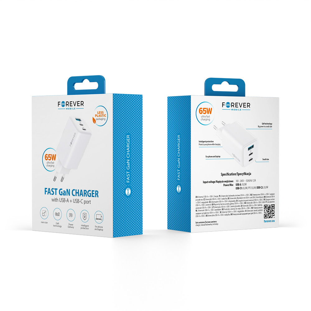 Forever TC-08-65ACC GaN PD QC hálózati töltő 65W – 2× USB-C + 1× USB-A – 3. kép
