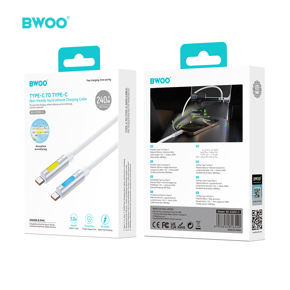 BWOO X325C-C USB-C – USB-C Adat- és Töltőkábel – 240 W PD 3.1 Gyorstöltéssel, RGB Világítással és Aromaterápiás Funkcióval – 7. kép