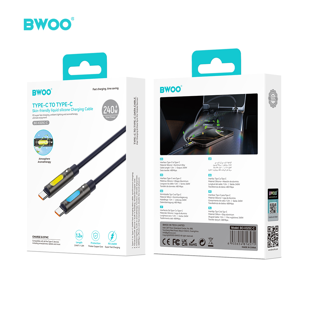 BWOO X325C-C USB-C – USB-C Adat- és Töltőkábel – 240 W PD 3.1 Gyorstöltéssel, RGB Világítással és Aromaterápiás Funkcióval – 8. kép