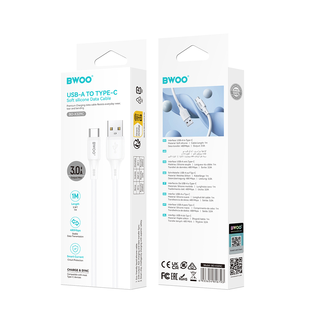 BWOO BO-X329C USB-A – USB-C Gyorstöltő és Adatkábel – 3 A, 480 Mbps, 1 m, Folyékony Szilikon Borítással – 4. kép