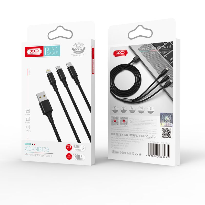 XO NB173 3in1 USB - Lightning + USB-C + microUSB töltőkábel, 1,2m, 2,4A – 5. kép