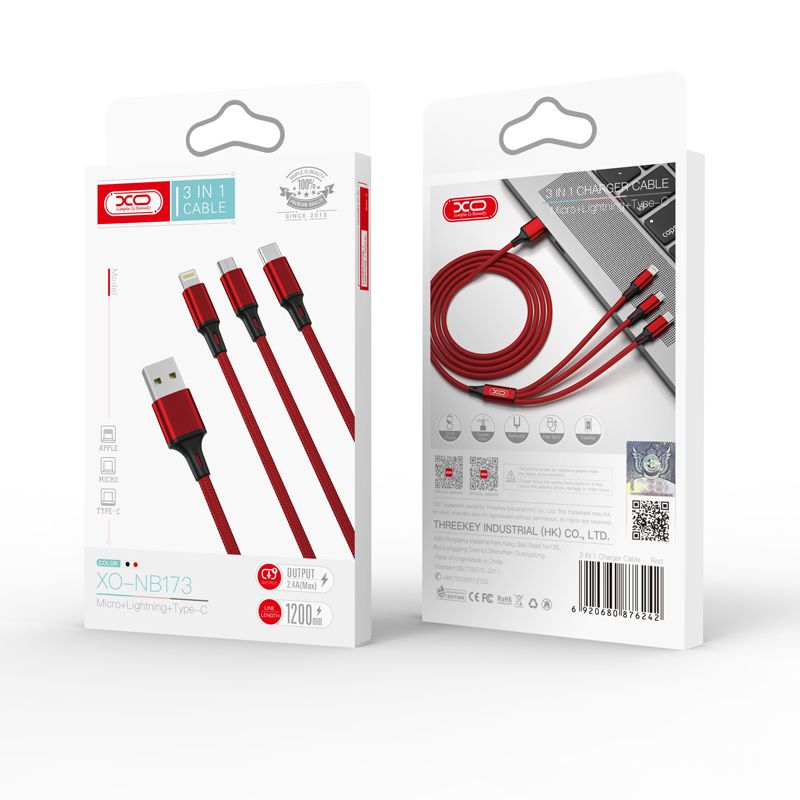 XO NB173 3in1 USB - Lightning + USB-C + microUSB töltőkábel, 1,2m, 2,4A – 7. kép