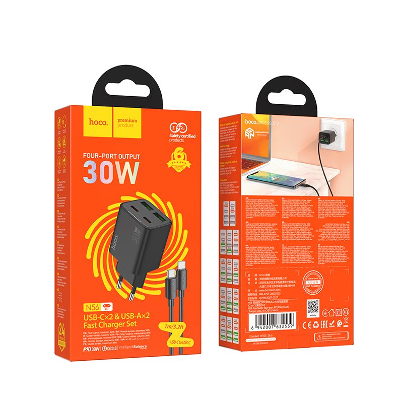 Hoco N56 30W gyorstöltő 4 porttal – 2× USB-C + 2× USB-A, PD, QC3.0, USB-C kábel mellékelve – 8. kép