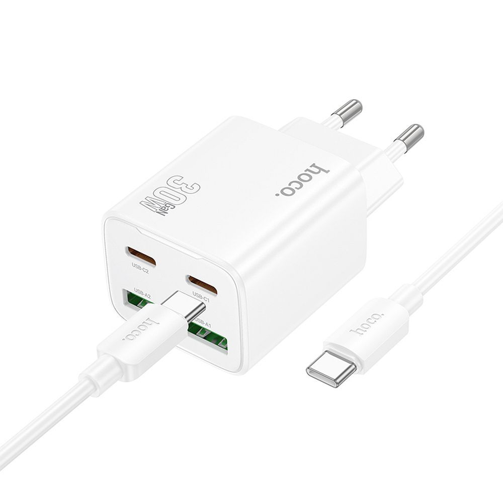 Hoco N56 Hálózati Töltő 30W, 2×USB-C + 2×USB-A, PD/QC3.0, USB-C–USB-C kábellel