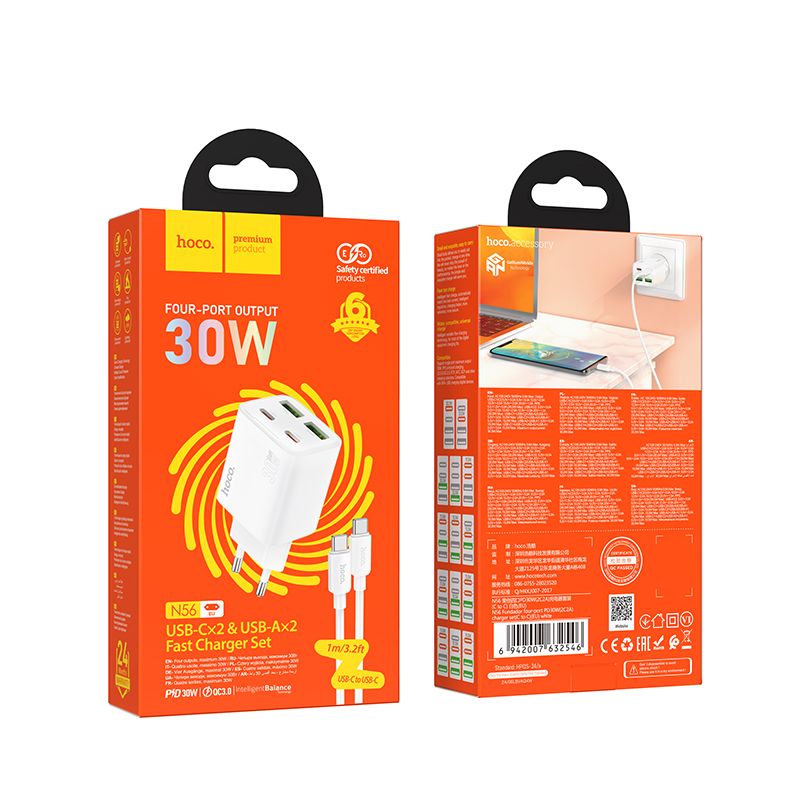 Hoco N56 30W gyorstöltő 4 porttal – 2× USB-C + 2× USB-A, PD, QC3.0, USB-C kábel mellékelve – 6. kép